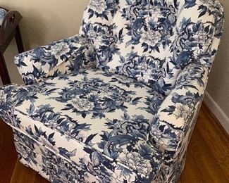 Custom upholstered, blue & white chinoiserie print chair