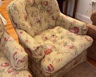 Pair of floral, tufted chairs