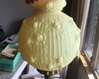Approx. 3ft. High Beautiful Brass & Glass Fenton Parlor Lamp-- (As Is)