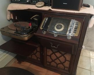 Vintage Early 1950's--Entertainment Center-- w/Radio and Multi-speed Record Player in "Hide-Away" Cabinet 
