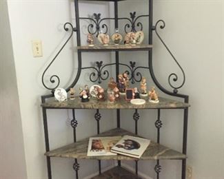 Corner Bakers rack with marble shelves - and nice selection of Hummels and Friar Tuck Figurines.