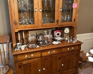 Oak China hutch with leaded glass