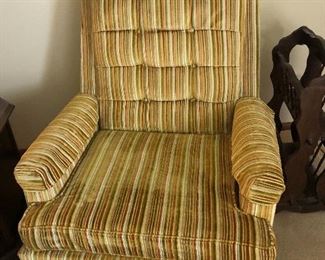 One of a pair of Mid Century Modern Super Comfy Arm Chairs with  Velvet Stripped Upholstery