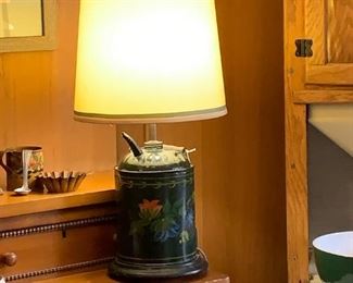 Hand painted oil can lamp by Anne Marie Andrews, local artist