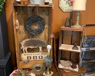 wooden crate box, storage coffee table, storage end table, toile tray, watering can, lamps
