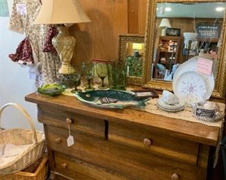 Oak dresser, mirrors, wall sconces, china sets, lamps