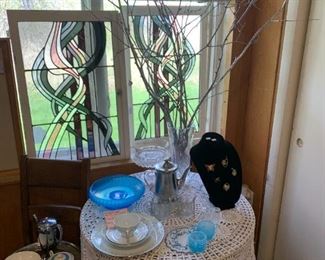 stained glass, crocheted tablecloth, blue glass, china