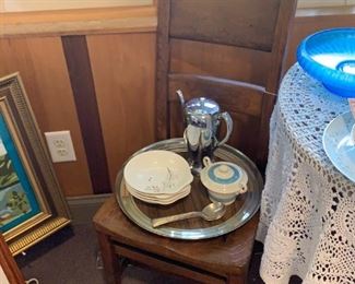 Antique school chair, MCM tray and tea pot, dishes