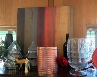 Rainbow art, glass vases, copper canister