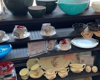 Vintage Pyrex, Emile Henry Green Bowls, China, Tea cups, Apple Baking Dishes