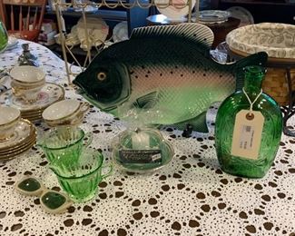 Fish platter, green glass, tea set