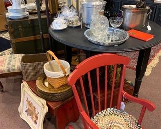 Child's rocking chair, silver toned hammered ice bucket, primitive red bench, black high table, trunk (sold), longaberger