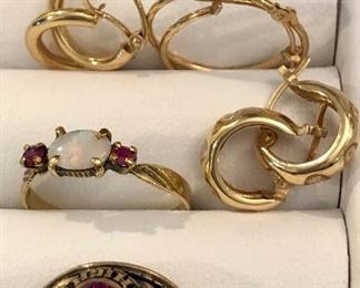 Item 217:  (4) pairs of 14K gold small hoop earrings: $65 each                                                                                                           Item 218:  Antique 14K gold ring - tested, opal and ruby: SOLD                                                                                                            Item 219:  10K gold class ring: $225