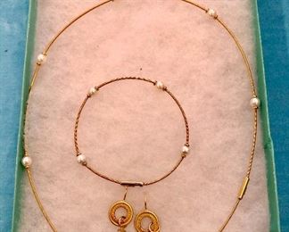 Item 216:  18K gold earrings, bracelet and necklace with pearls: $595