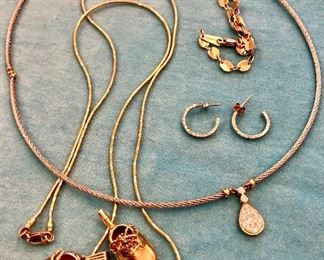 Item 232: Tested 10K gold small hoop earrings: $65 Item 233: 14K gold 10" anklet: SOLD Item 234: 14K gold chain with one gold shoe and one sterling silver shoe: SOLD 18K gold and small diamonds necklace: SOLD