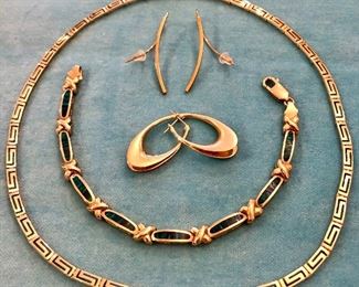 Item 239:  14K gold Greek Key necklace: (SOLD)                                      Item 240:  14K gold bracelet with opals: $875                                               Item 241:  Tested 18K gold long, slender Shepherd Hook earrings:  $165                                                                                                                Item 242:  14K gold elongated hoop earrings $325