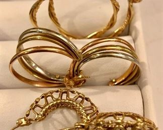 Item 243:  14K gold fancy hoop earrings: SOLD                                              Item 244:  Tri-color 14K gold earrings: $210                                                Item 245:  14K gold hoop earrings: $145