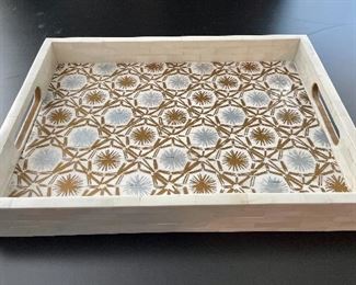 Item 15: Decorative gold, white and grey serving tray - 12.5"l x 17"w x 2.25"h: $65