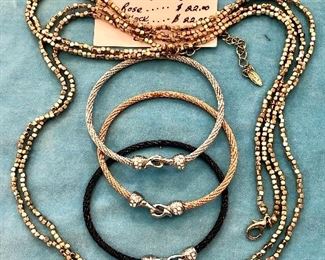 Item 113:  Vintage Velm Metal Tone Necklace 36" long: $24                                                                                                            Item 114:  (3) Wire Bracelets: $22 each                                                             a. silver                                                                                                           b. rose                                                                                                               c. black