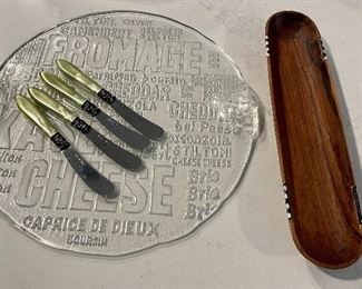 Item 157:  Glass Cheese Board, (4) Spreaders, and Inlaid Wood Cracker Dish: $48