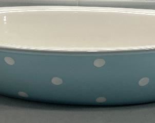 Item 167: SPODE Baking Dish Blue White Polka Dot 11": $16