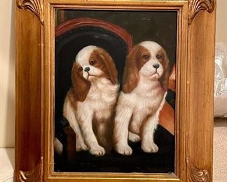 Item 284:  Oil on Canvas with Two Spaniels - 19.75" x 23.5":  $38