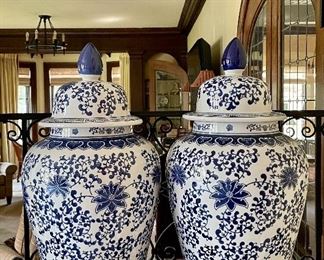 Item 11:  (2) Large Blue & White Temple Jars  with Lids - 24":  $245 for pair