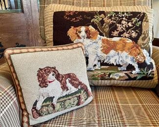 Item 25:  (2) Needlepoint Pillows with Springer Spaniels:  $38 ea (lying Spaniel is SOLD)