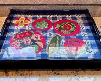 Item 95:  Glass Covered Needlepoint Serving Tray: $36