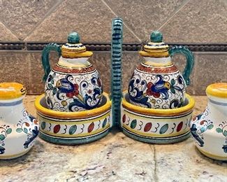 Item 98:  Italy-Pottery Salt & Pepper Shakers (right & left):  SOLD            
Item 99:  Oil & Vinegar Set (middle): $38
