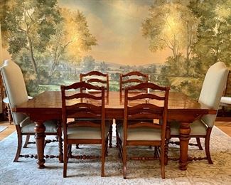 Item 70:  Dining Room Table and 8 Chairs - 82.25"l x 44"w x 29.75"h:  $895                                                                                                                Chairs (8): $1600                                                                                                    (6) Ladderback Chairs - 21.5"l x 19"w x 42"h                                                            (2) Upholstered Arm Chairs - 24"l x 20"w x 49"h
