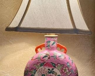 Item 77:  Decorative Pink Asian Flask Lamp with Lotus Flower - 21":  $48