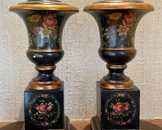 Item 120:  (2) Hand Painted Covered Urns - 18":  $175/Pair