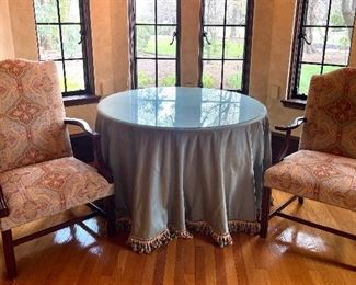 Item 122:  (2) Upholstered Armchairs - 24.5"l x 19.5"w x 40.5"h:  $350/Each                                                                                                     Item 123:  Silk Tablecloth with Tassel Fringe - 47" x 30": $85