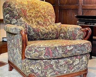 Item 140:  Upholstered Armchair with Carved Arms - 31"l x 23.5"w x 33.5"h: $465
