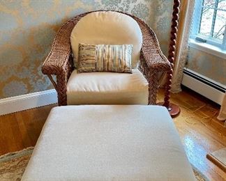 Item 180:  Palecek Wicker Chair & Ottoman:  $525                                                    Chair - 36.5"l x 22"w x 36"h                                                                      Ottoman - 32"l x 32"w x 16"h