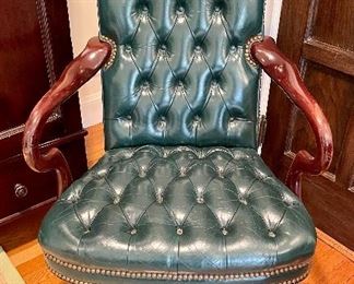 Item 187:  Hancock & Moore Green Tufted Leather Chair with Nailhead Trim - 25"l x 16.5"w x 44"h: $325