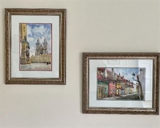 Item 200:  (2) Signed Watercolors:  $75/Each                                                                                              Church (left) - 14.75" x 18.25"                                                                  Row of Houses (right) - 18.25" x 14.75"    
