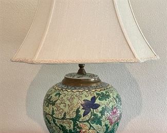 Item 228:  Asian Inspired Lamp - Green Background with Flowers - 24": $125