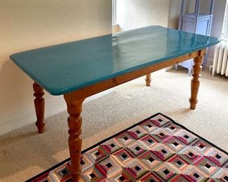 Item 234:  Highly Lacquered Aqua Vintage Farm Table - 35.5"l x 71.5"w x 31"h:  $425