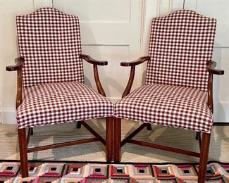 Item 237:  (2) Upholstered (Red & White Checkered) Armchairs - 24"l x 19.5"w x 40"h: $175 for pair