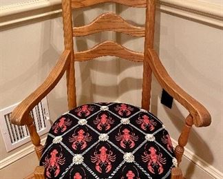 Item 263:  Needlepoint Chairs by S. Bent and Brothers, Gardner, MA:   $795 for all                                                                                                                     (2) Armchairs - 24.5"l x 17.5"w x 44.5"h  - there is an issue with the chair pictured - one of the slats in the ladderback (bottom) is missing                                                     (6) Chairs