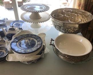 Staffordshire, several cake plates, a wine cooler and serving dish