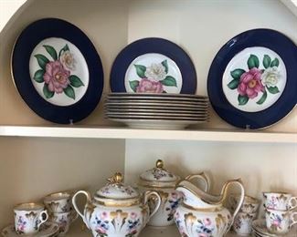 12-Spode Cobalt rim/floral Dinner plates and the Paris porcelain tea service.