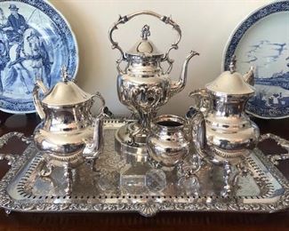 Silver Plate coffee service, and large silver plate serving tray