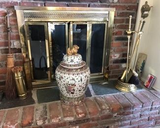 Fireplace tools and Chinese covered urn