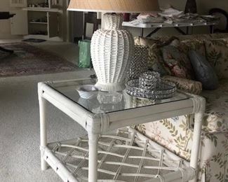 1 of 2 Rattan  side tables, 1 of 3 ceramic faux wicker lamps with grasscloth shades