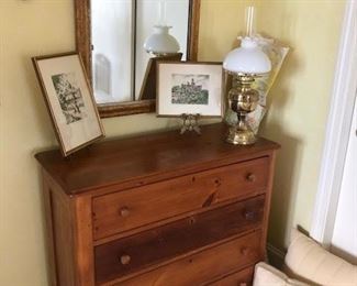 Pine 4 drawer dresser, converted brass oil lamp