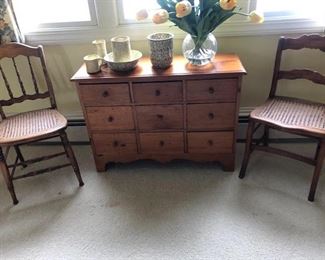 Pine 9 drawer apothecary chest, antique side chairs,