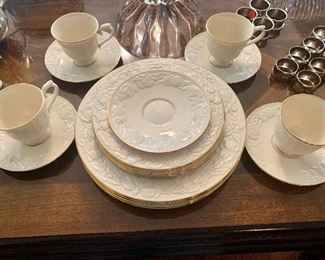 Lenox 4 place settings of Fruits of Life china, with extra saucer